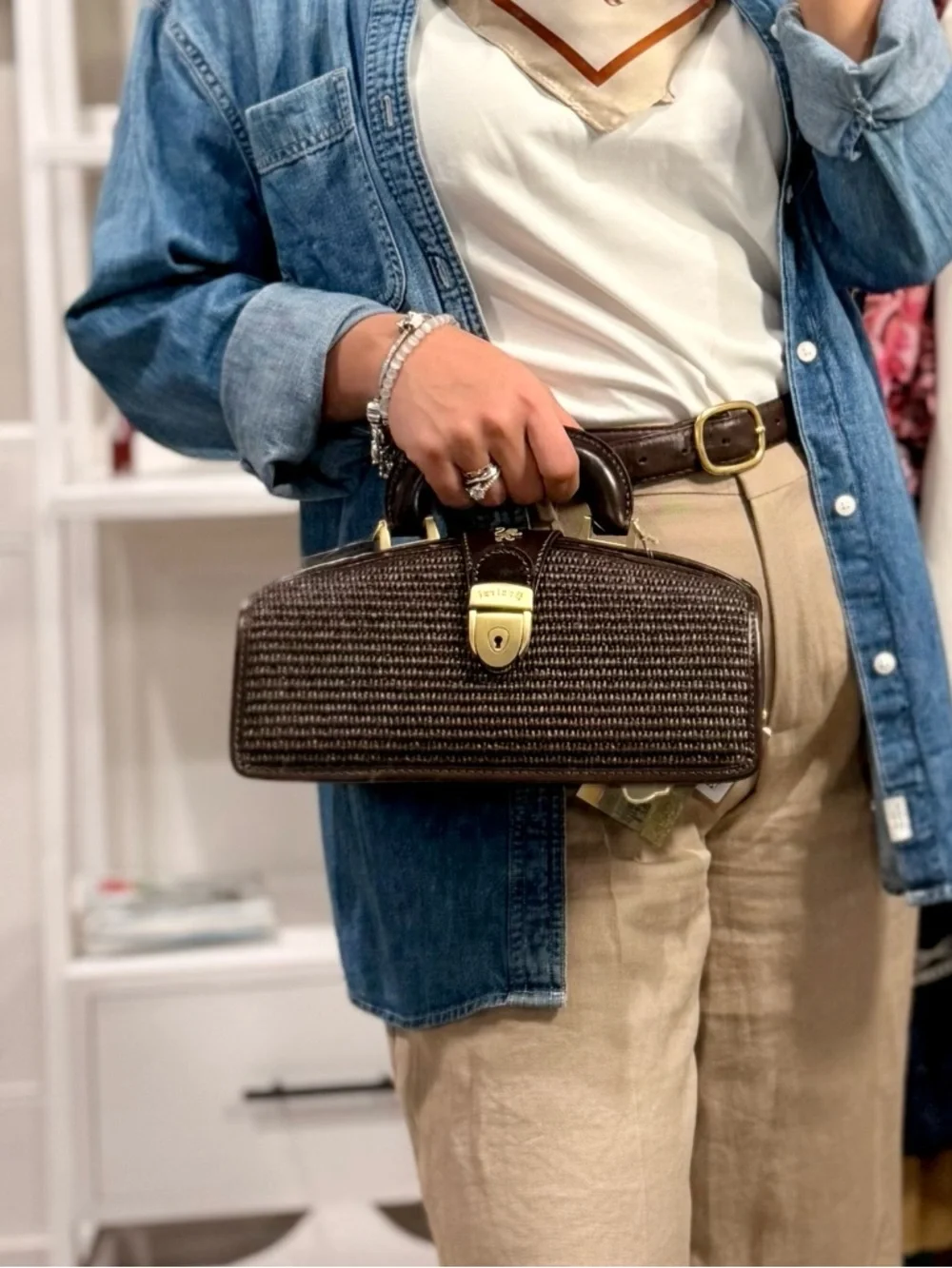 Pratesi Italian Leather Mini Doctor Bag Brown Woven Top Handle Chain Strap